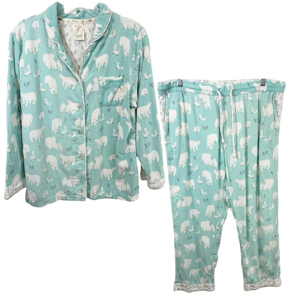 Munki‎ Munki Large Pajama Set Flannel Polar Bear Blue Womens Novelty Holiday 528